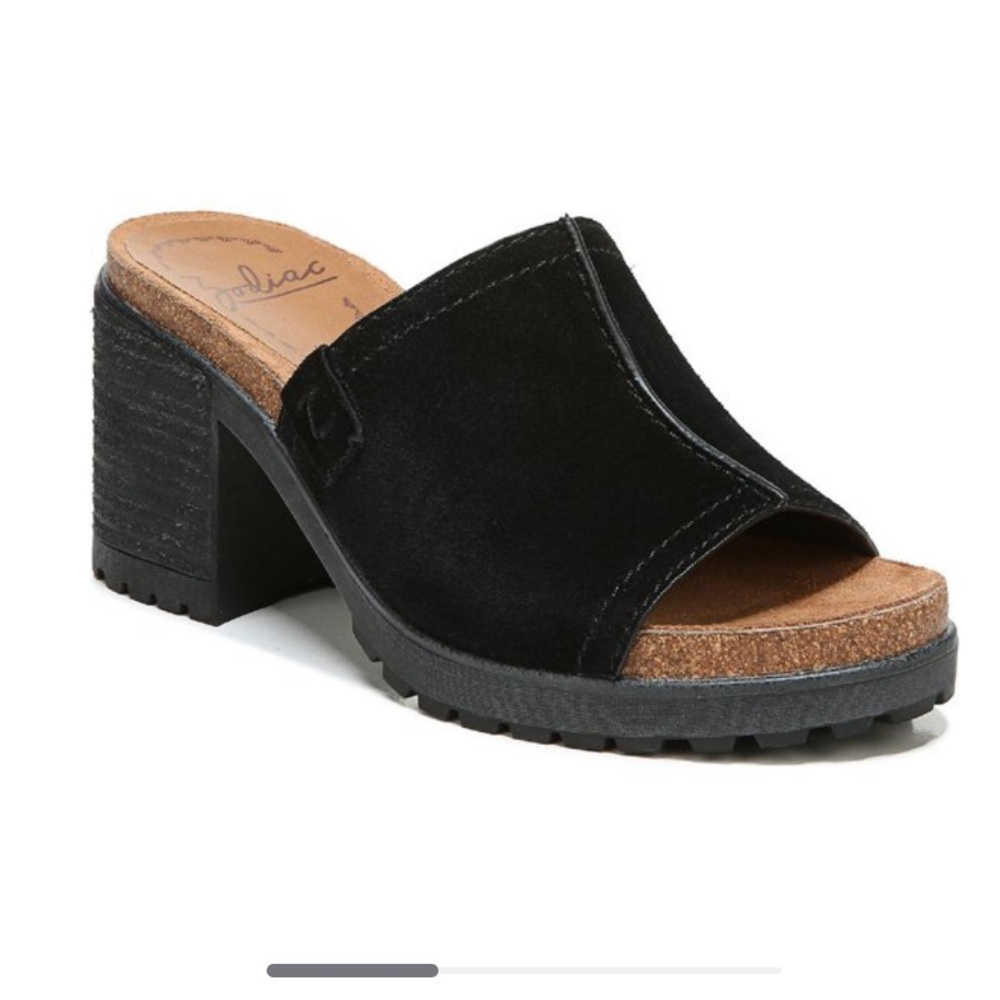 Zodiac Lissa Slip on Lugged Sole Mule Sandals heeled black leather suede SZ 6.5